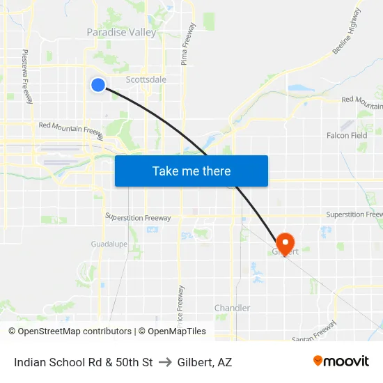 Indian School Rd & 50th St to Gilbert, AZ map