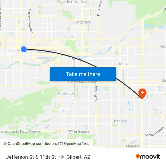 Jefferson St & 11th St to Gilbert, AZ map