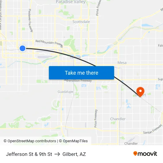 Jefferson St & 9th St to Gilbert, AZ map
