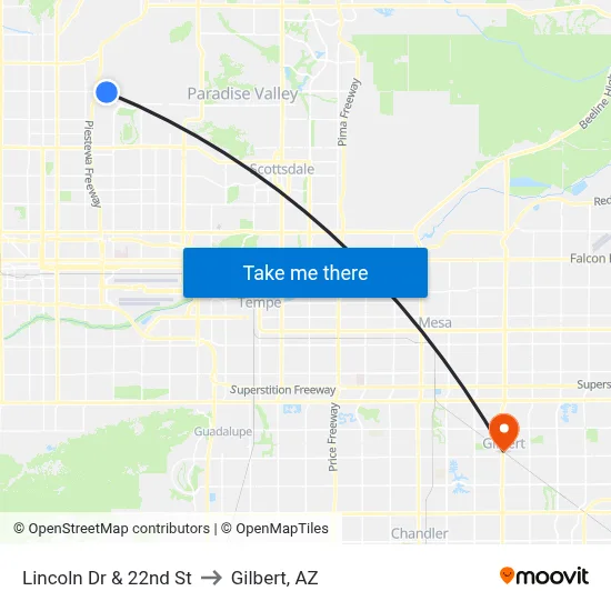 Lincoln Dr & 22nd St to Gilbert, AZ map