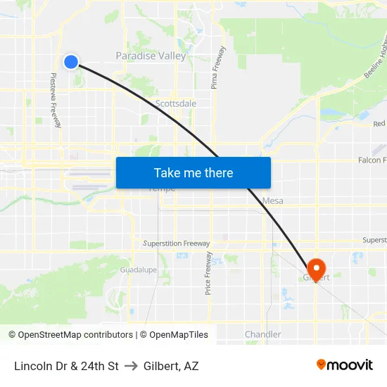 Lincoln Dr & 24th St to Gilbert, AZ map