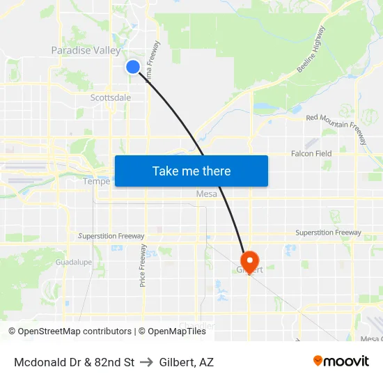 Mcdonald Dr & 82nd St to Gilbert, AZ map