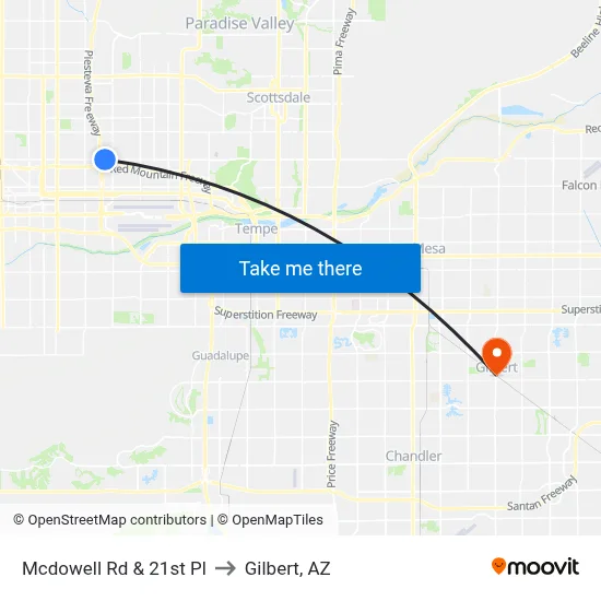 Mcdowell Rd & 21st Pl to Gilbert, AZ map