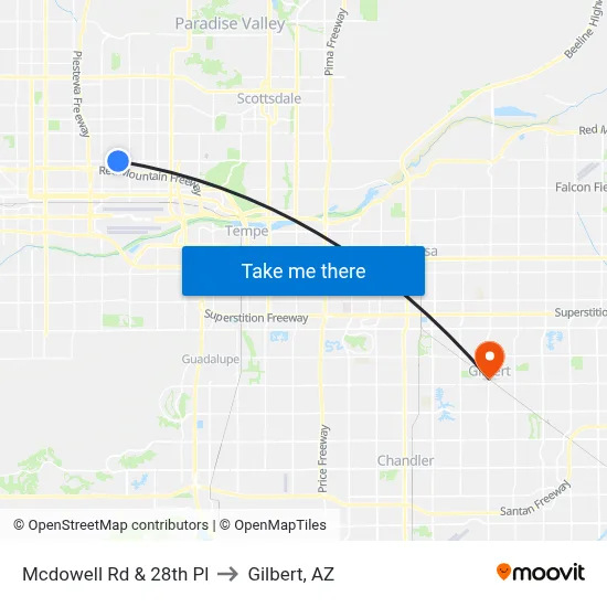Mcdowell Rd & 28th Pl to Gilbert, AZ map