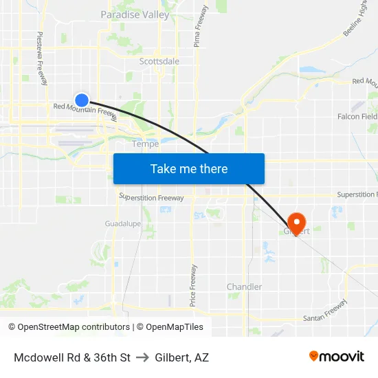 Mcdowell Rd & 36th St to Gilbert, AZ map