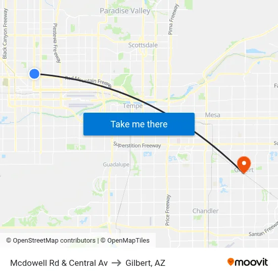 Mcdowell Rd & Central Av to Gilbert, AZ map
