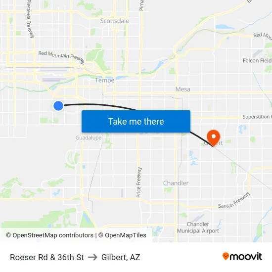 Roeser Rd & 36th St to Gilbert, AZ map