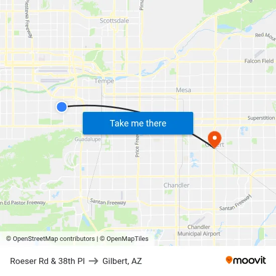 Roeser Rd & 38th Pl to Gilbert, AZ map