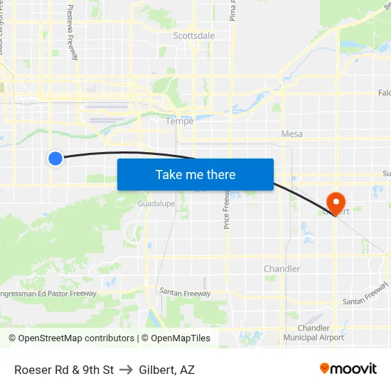 Roeser Rd & 9th St to Gilbert, AZ map