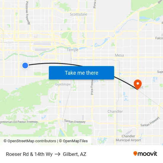 Roeser Rd & 14th Wy to Gilbert, AZ map