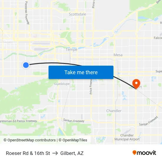 Roeser Rd & 16th St to Gilbert, AZ map