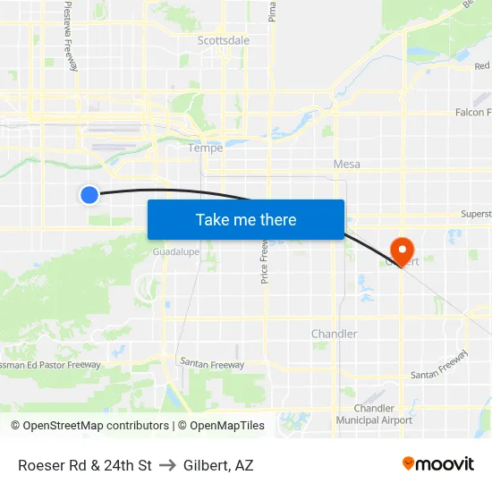 Roeser Rd & 24th St to Gilbert, AZ map