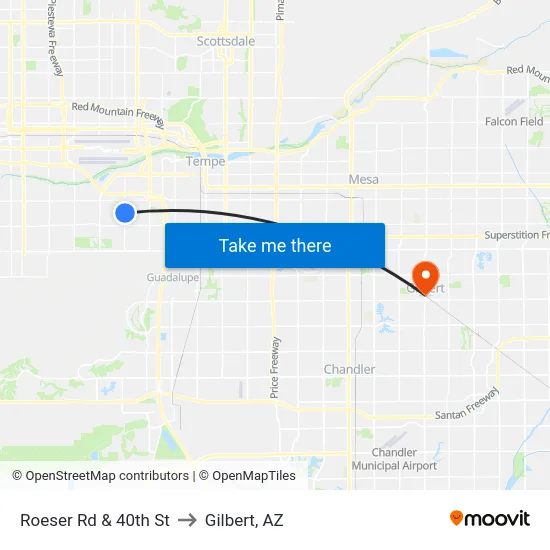 Roeser Rd & 40th St to Gilbert, AZ map