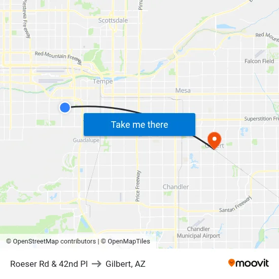 Roeser Rd & 42nd Pl to Gilbert, AZ map