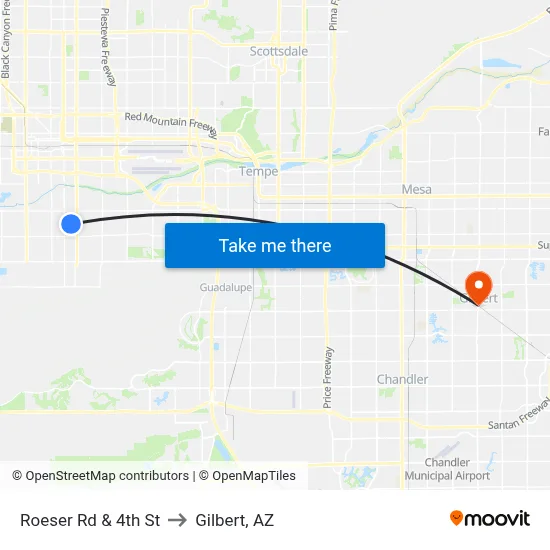 Roeser Rd & 4th St to Gilbert, AZ map