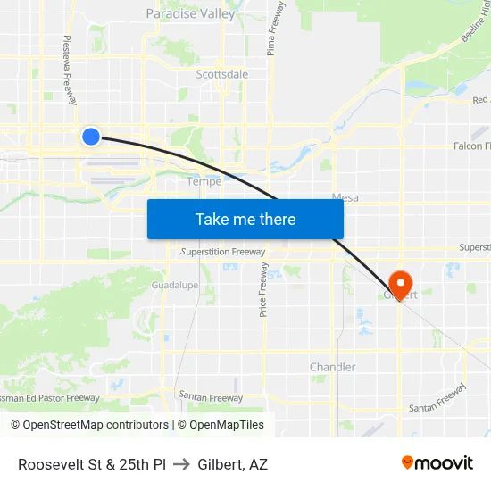 Roosevelt St & 25th Pl to Gilbert, AZ map