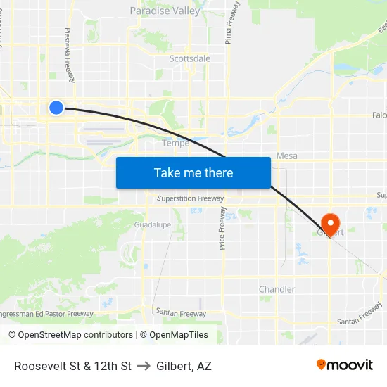 Roosevelt St & 12th St to Gilbert, AZ map