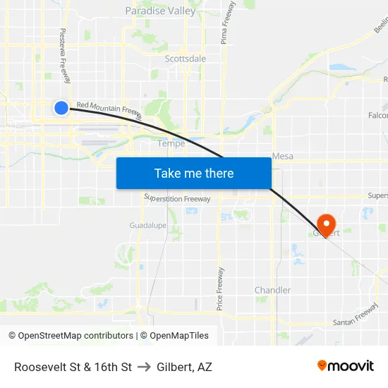 Roosevelt St & 16th St to Gilbert, AZ map