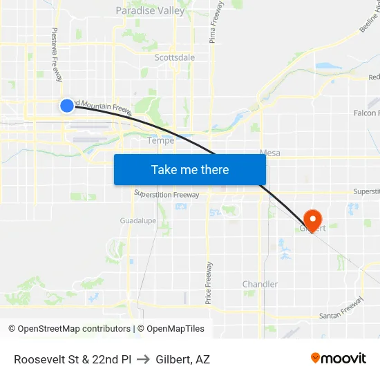 Roosevelt St & 22nd Pl to Gilbert, AZ map