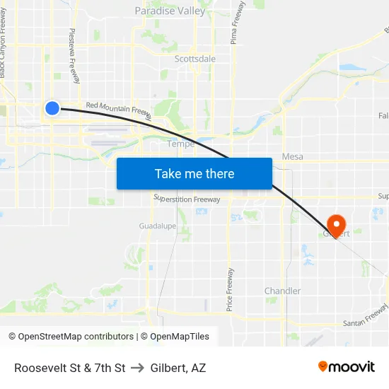 Roosevelt St & 7th St to Gilbert, AZ map