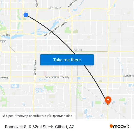 Roosevelt St & 82nd St to Gilbert, AZ map