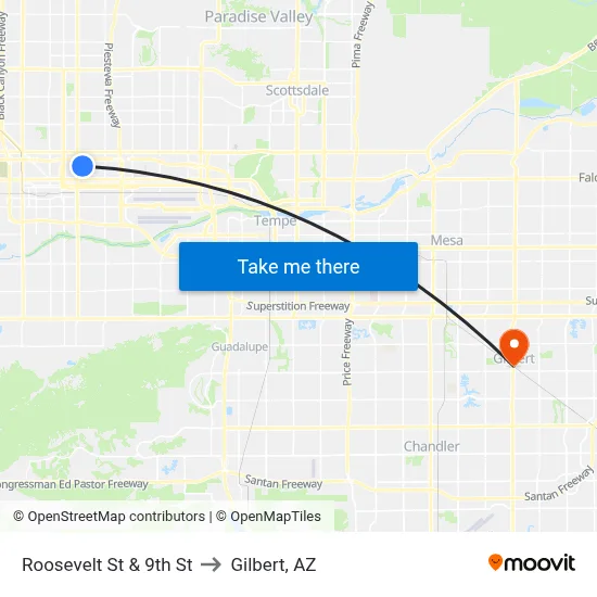 Roosevelt St & 9th St to Gilbert, AZ map