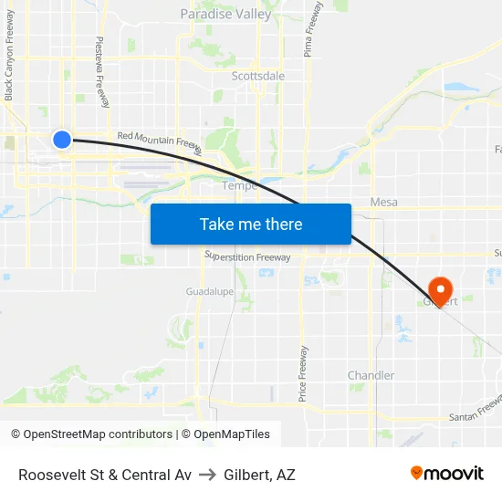 Roosevelt St & Central Av to Gilbert, AZ map