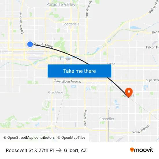 Roosevelt St & 27th Pl to Gilbert, AZ map