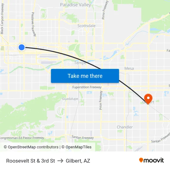 Roosevelt St & 3rd St to Gilbert, AZ map