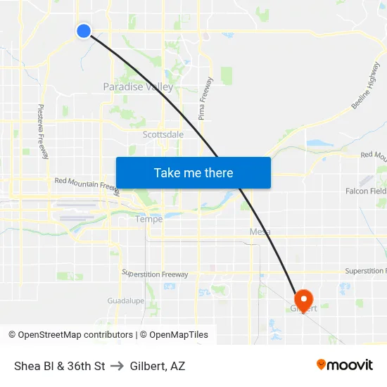 Shea Bl & 36th St to Gilbert, AZ map