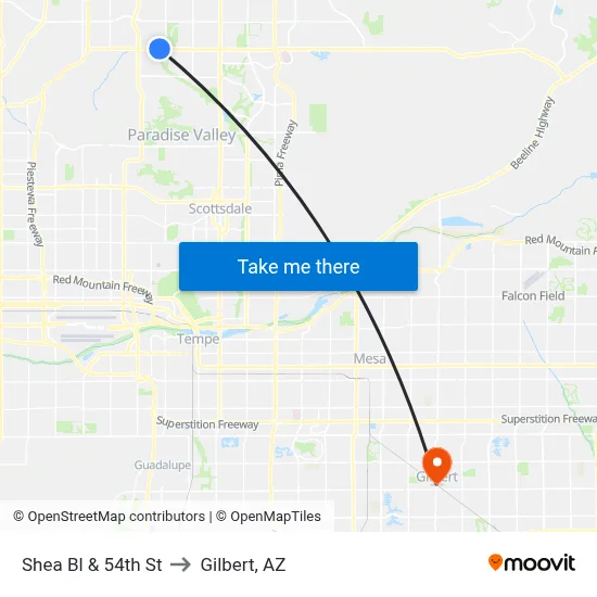 Shea Bl & 54th St to Gilbert, AZ map