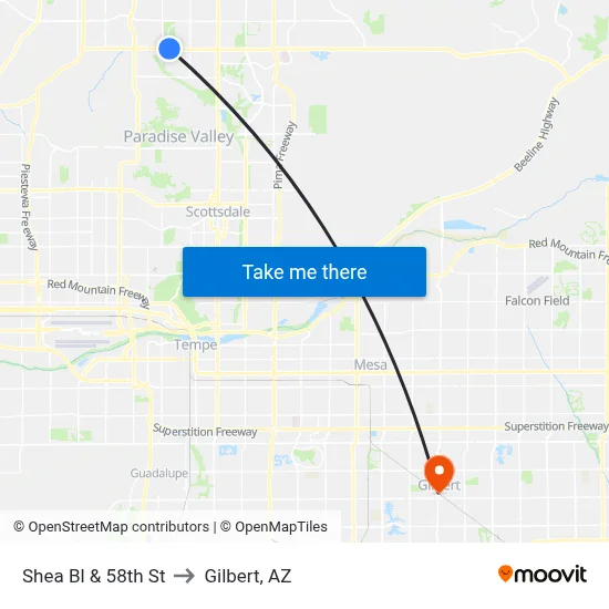 Shea Bl & 58th St to Gilbert, AZ map