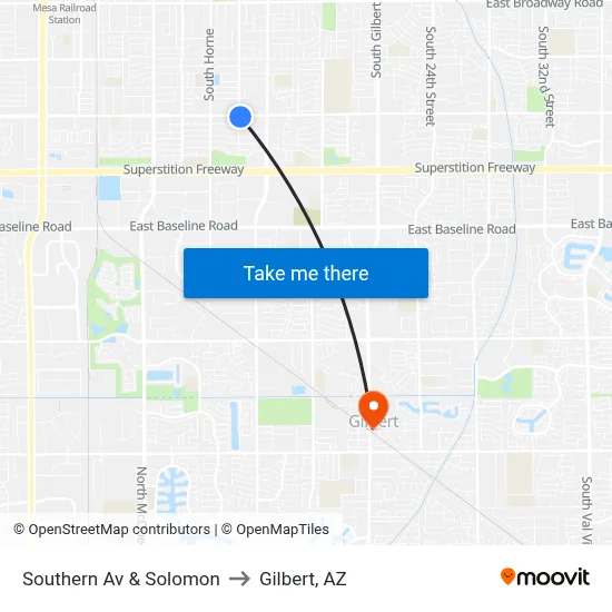 Southern Av & Solomon to Gilbert, AZ map