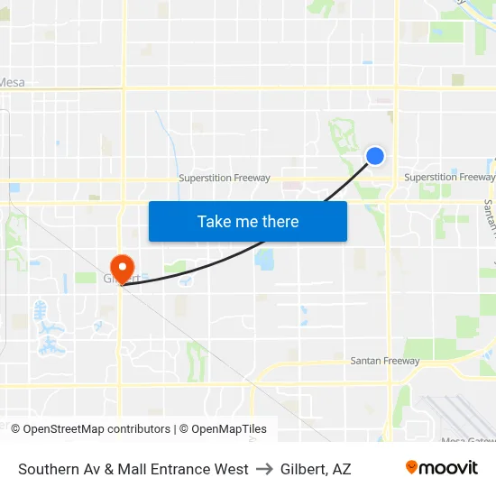 Southern Av & Mall Entrance West to Gilbert, AZ map