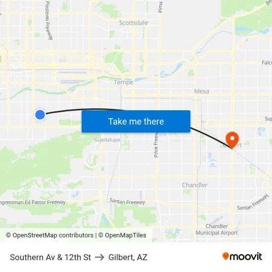 Southern Av & 12th St to Gilbert, AZ map