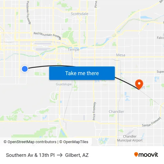 Southern Av & 13th Pl to Gilbert, AZ map