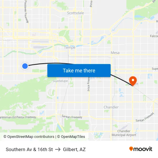 Southern Av & 16th St to Gilbert, AZ map