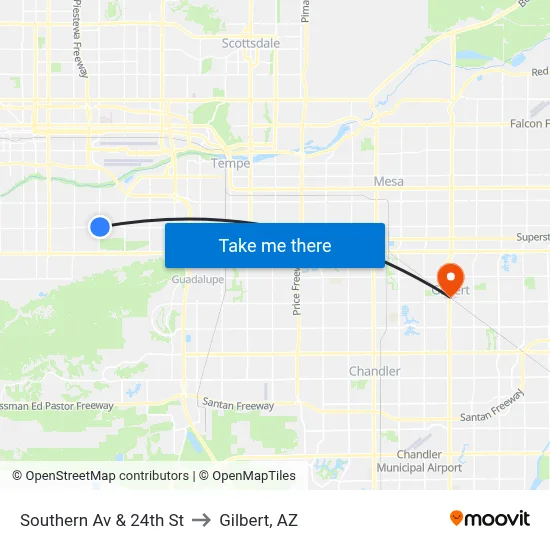 Southern Av & 24th St to Gilbert, AZ map