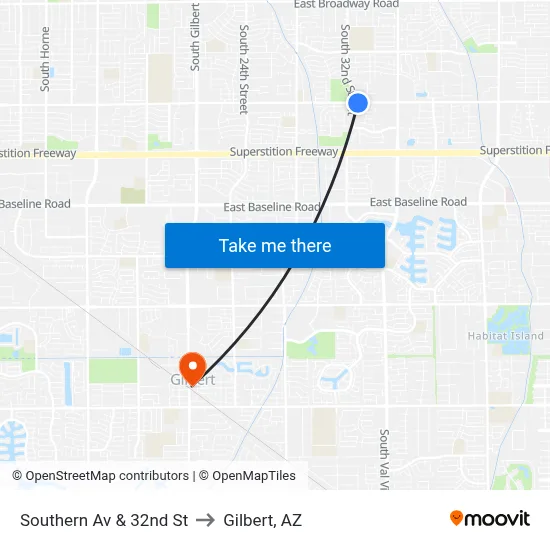 Southern Av & 32nd St to Gilbert, AZ map
