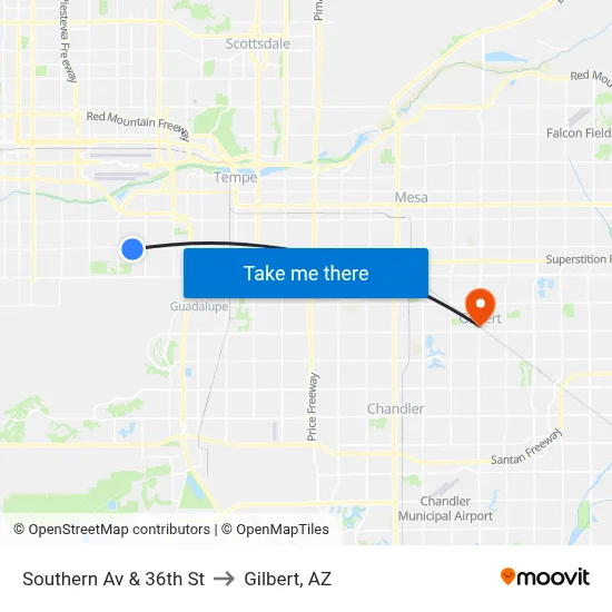 Southern Av & 36th St to Gilbert, AZ map