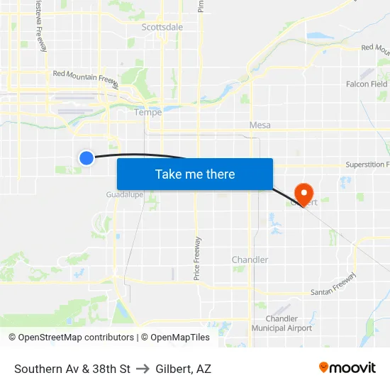 Southern Av & 38th St to Gilbert, AZ map