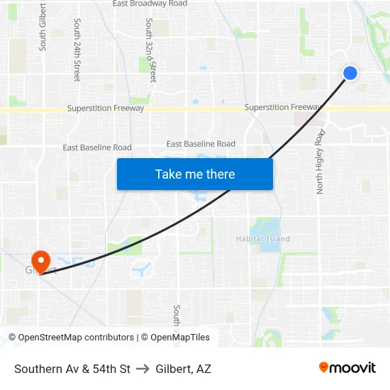 Southern Av & 54th St to Gilbert, AZ map
