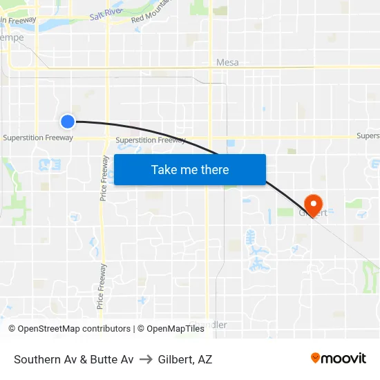 Southern Av & Butte Av to Gilbert, AZ map