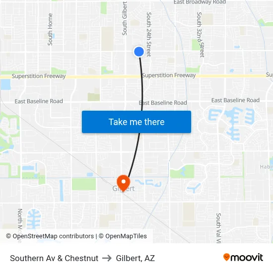 Southern Av & Chestnut to Gilbert, AZ map