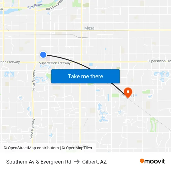Southern Av & Evergreen Rd to Gilbert, AZ map