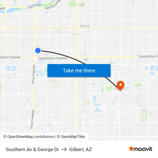 Southern Av & George Dr to Gilbert, AZ map