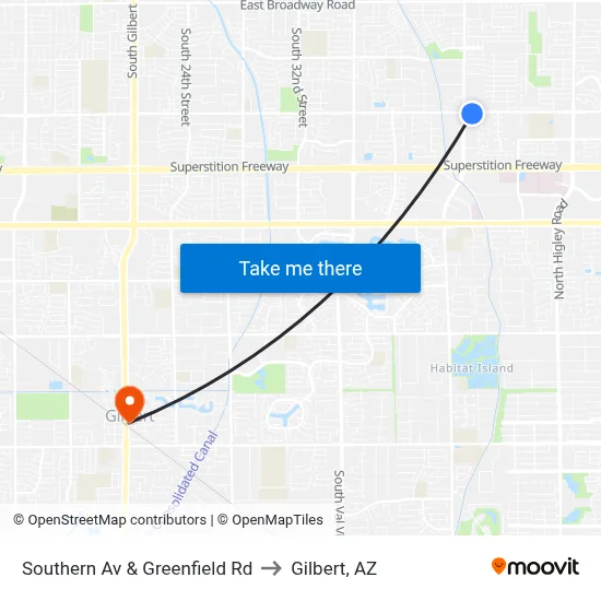 Southern Av & Greenfield Rd to Gilbert, AZ map