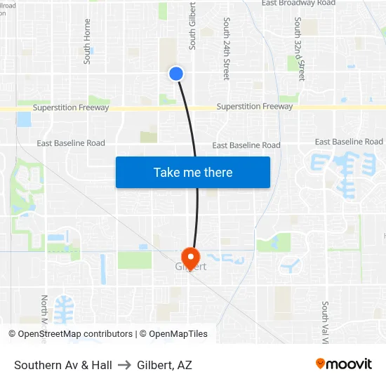 Southern Av & Hall to Gilbert, AZ map
