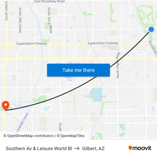 Southern Av & Leisure World Bl to Gilbert, AZ map