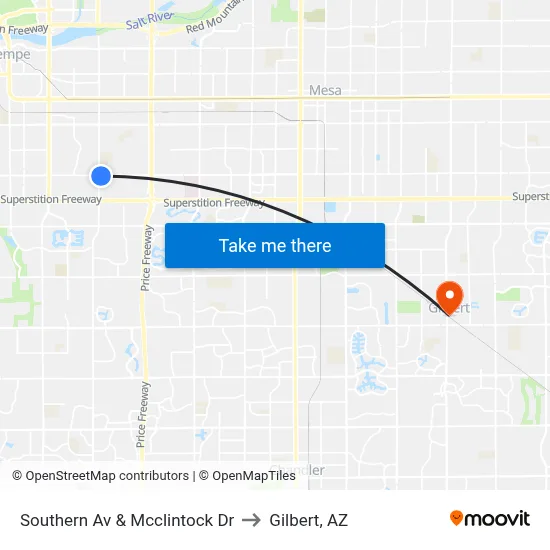 Southern Av & Mcclintock Dr to Gilbert, AZ map